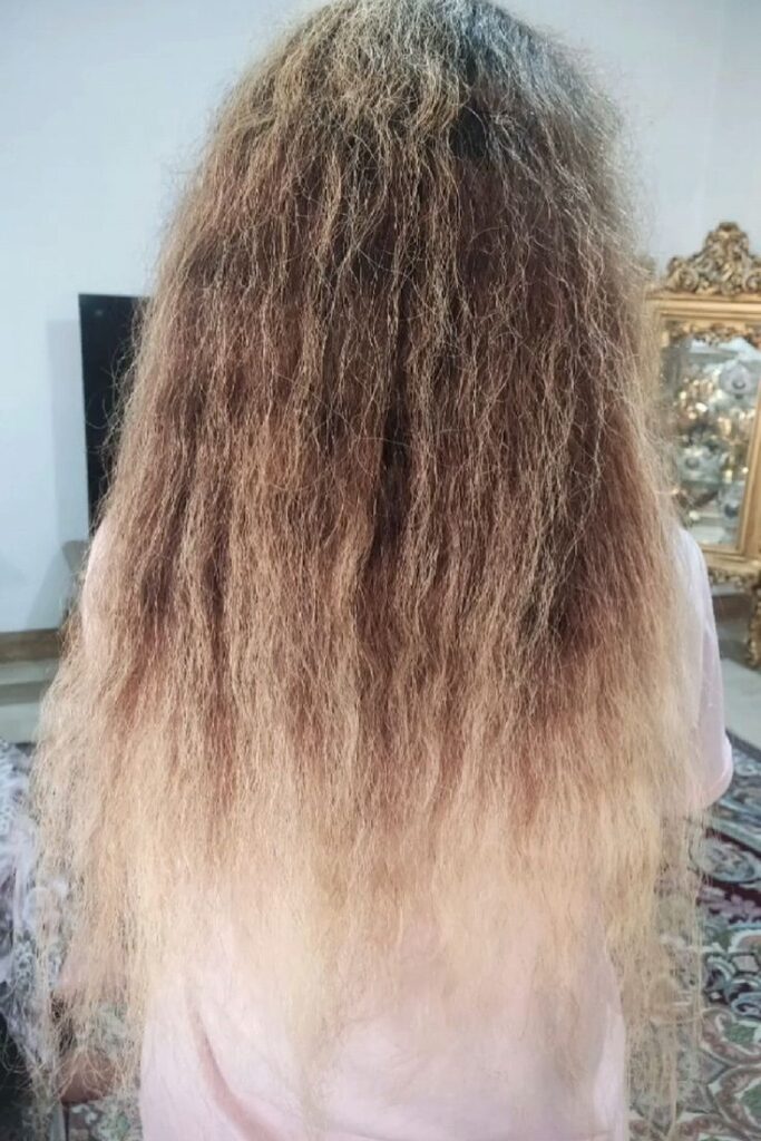 Back view of a child's long, dry, frizzy hair lacking shine."