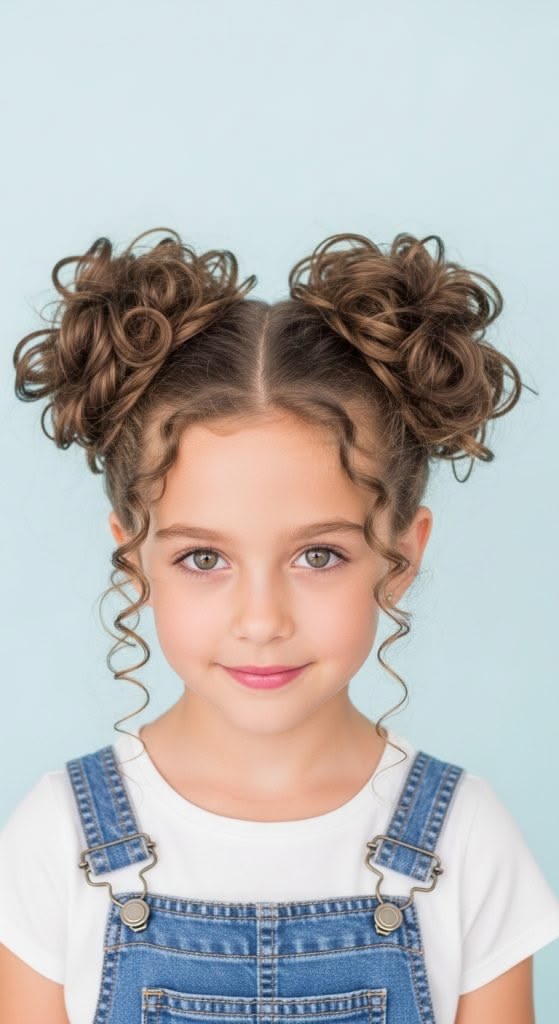 Girl with curly space buns styled on top of her head