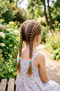 Girl with double Dutch braids secured with colorful elastics.