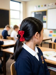 Girl in school uniform with a low ponytail secured by a red bow clip, sitting in a classroom