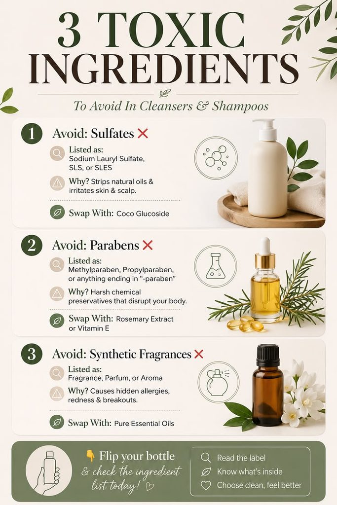 Infographic listing sulfates, parabens, and synthetic fragrances to avoid in shampoo
