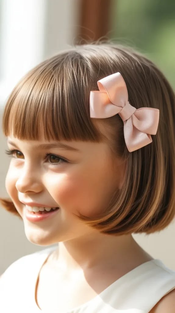 Young girl with a chin-length bob and bangs wearing a pink satin bow near her temple, smiling for a graduation-style photo