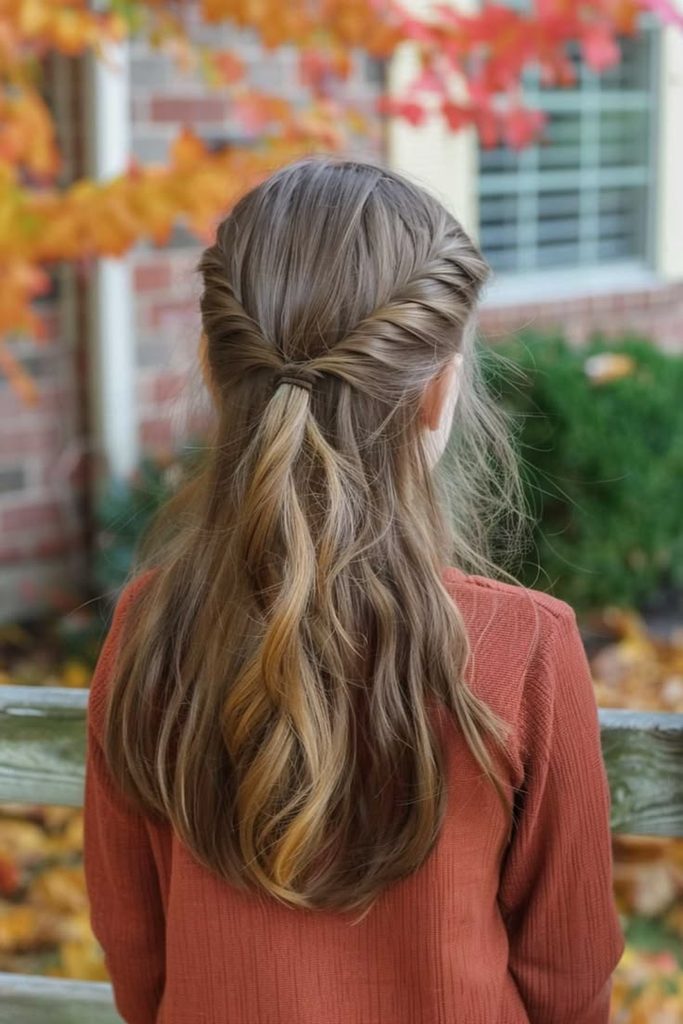 Girl with a half-up twisted hairstyle over wavy hair