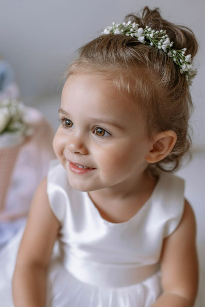 Toddler with hair in a high bun decorated with small white flowers