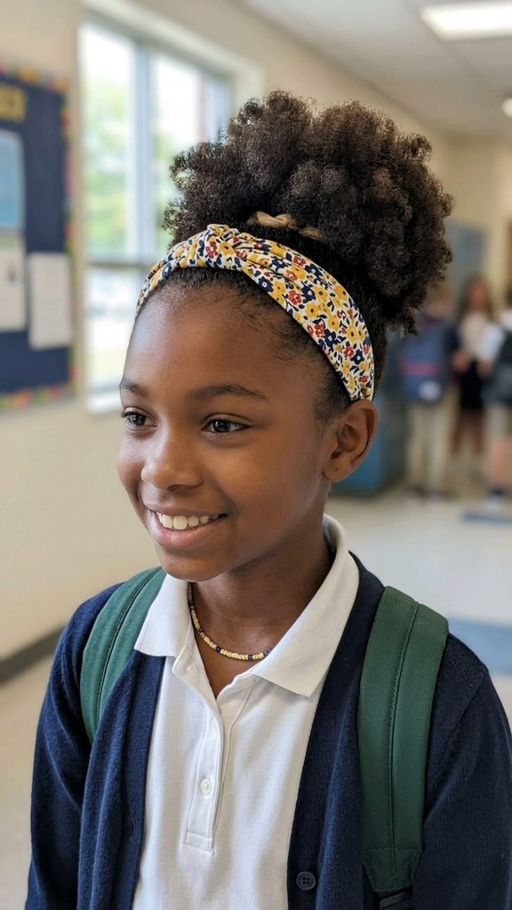 Girl with a high curly puff wrapped in a flower patterned  headband.