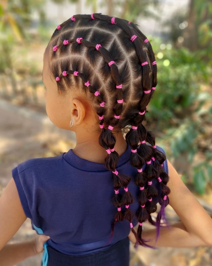 Close-up of a child's bubble braids secured with multiple pink elastic bands.