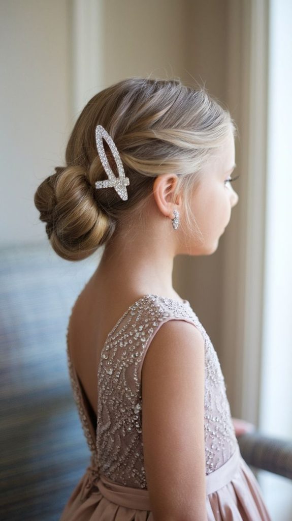 Young girl with a sleek low bun and a sparkly decorative clip, wearing a beaded formal dress