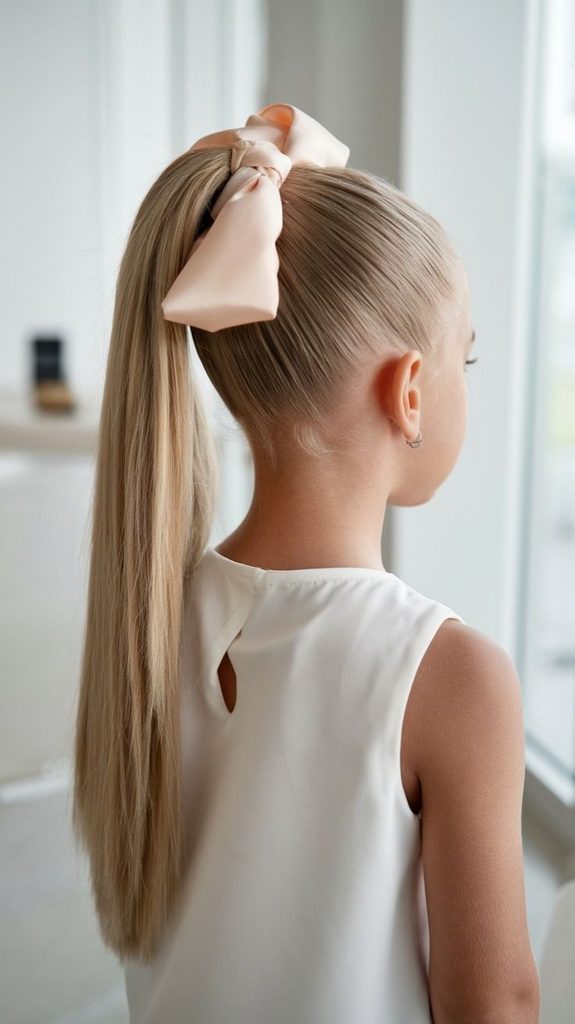 Young girl with a sleek high ponytail tied with a peach satin bow