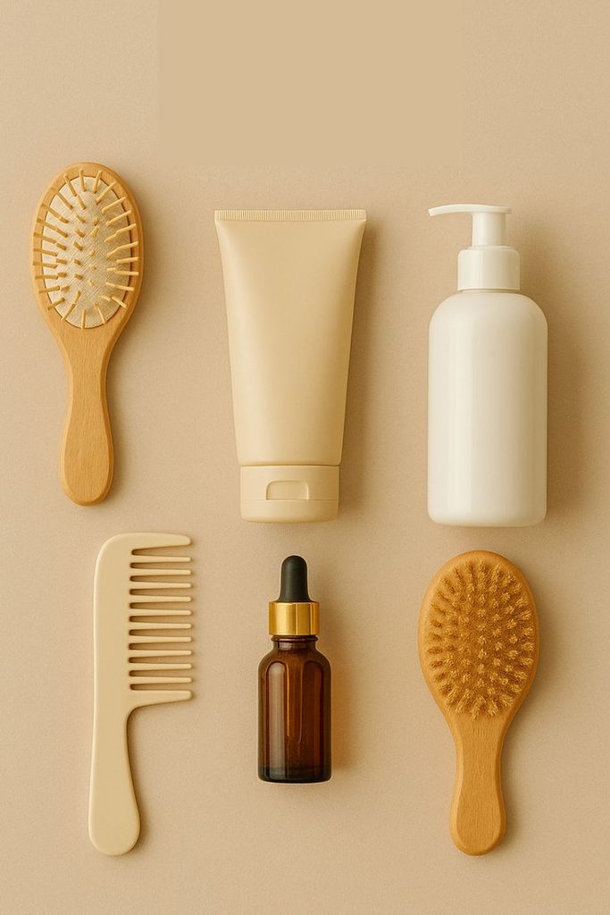 Flat lay of baby hair care tools including a brush, comb, and oil