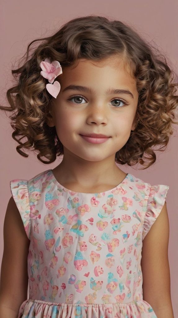 Young girl with a short curly bob and a pink flower and heart clip pinned above her ear, wearing a floral graduation-day dress