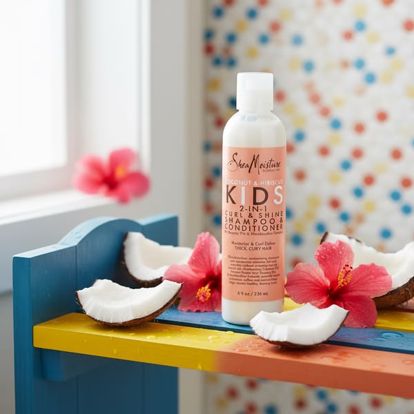 "Bottle of SheaMoisture Kids coconut and hibiscus shampoo with coconut and hibiscus flowers