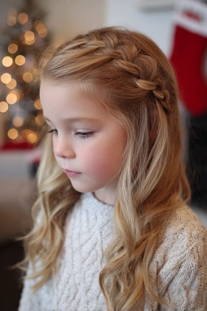 Girl with a side braid and loose wavy hair.