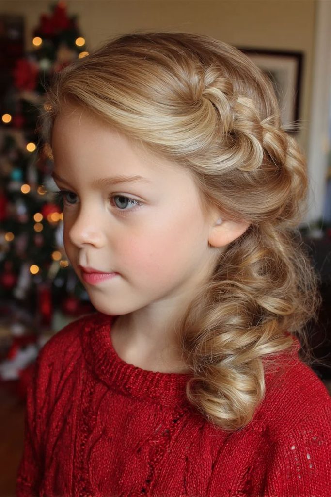 Young girl with a side braid sweeping into loose blonde curls, shown in profile