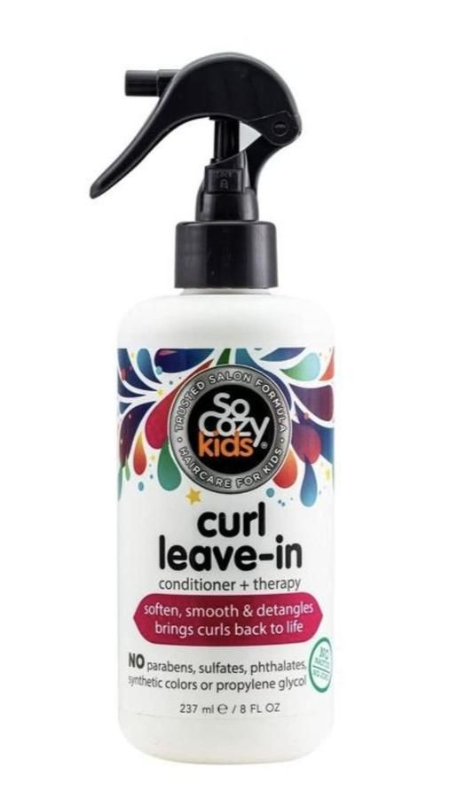 Bottle of SoCozy Curl Leave-In Conditioner spray for kids, sweet pea scent, 8 fl oz.