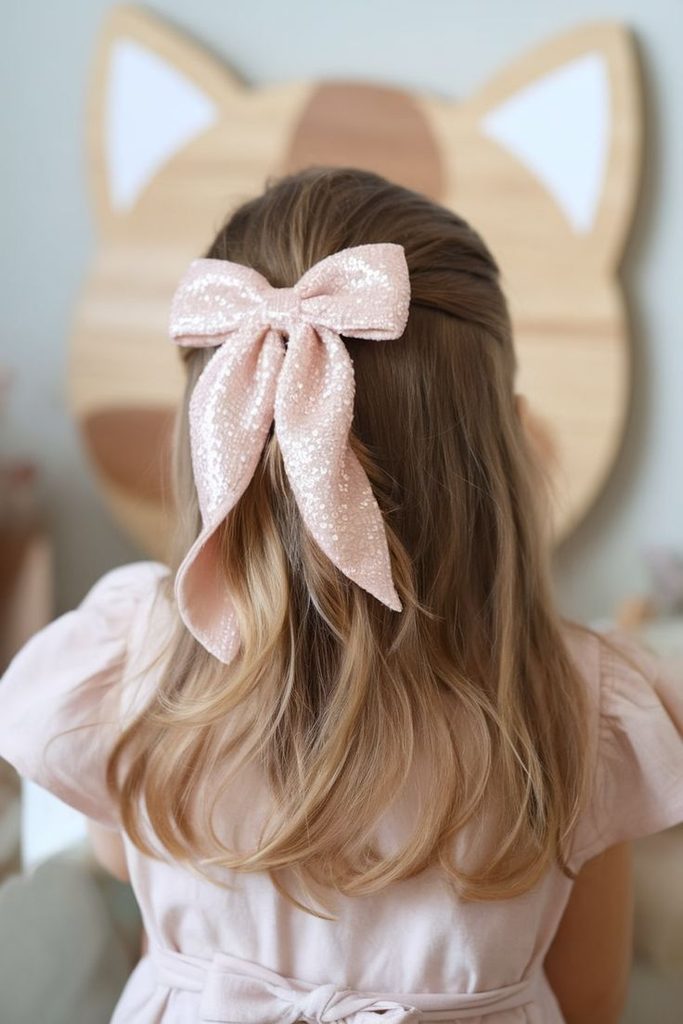 Girl with a half-up hairstyle secured by a sparkly pink bow.