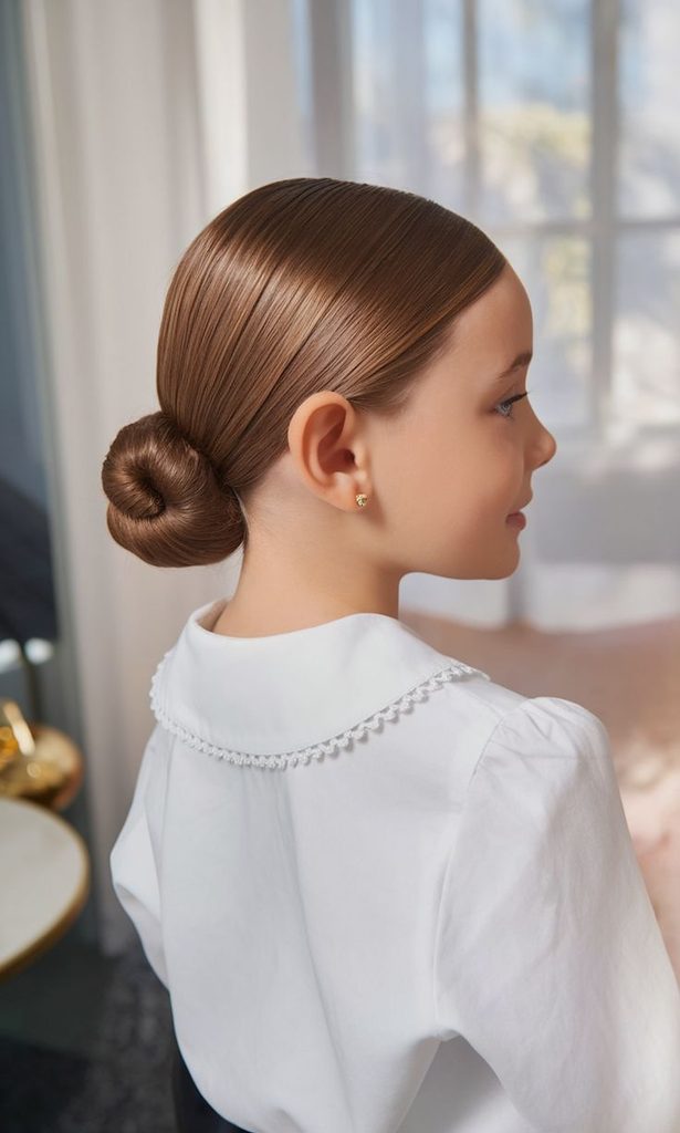 Girl with a sleek low chignon and hair smoothed back.