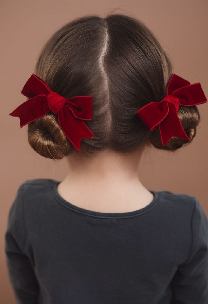 Girl with back facing the camera showing off her low space bun hairstyle with red bows to accessorize