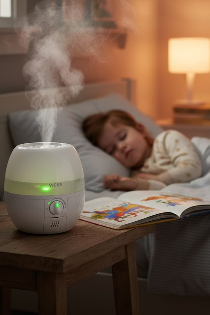 Humidifier running beside a sleeping child's bed