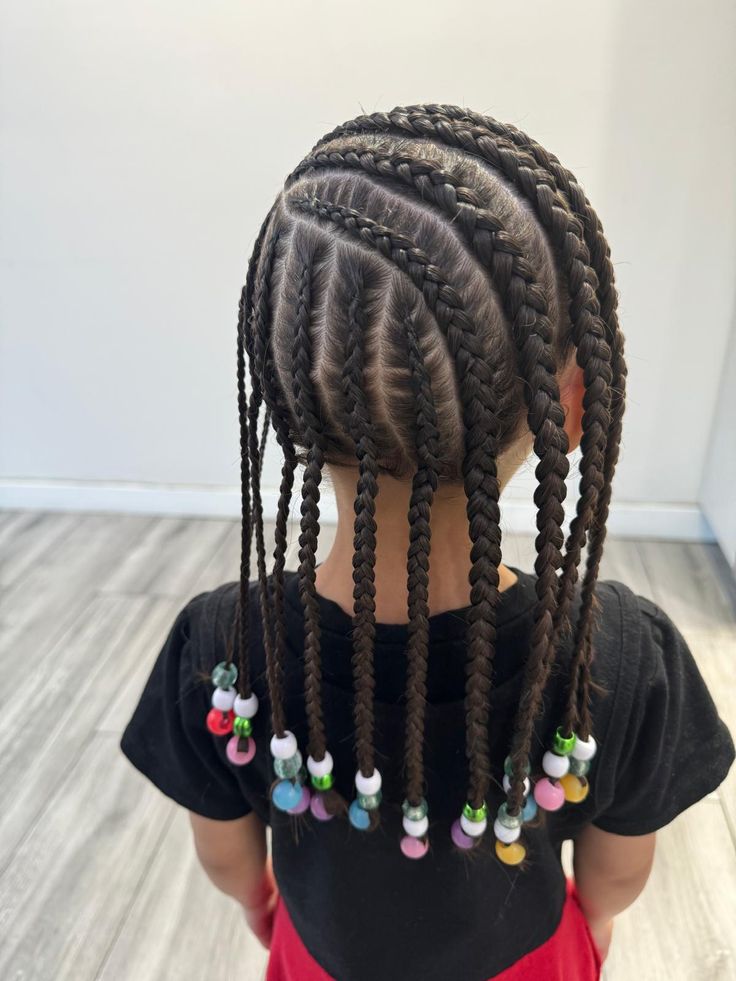 Back view of a child's cornrows ending in colorful beaded braids