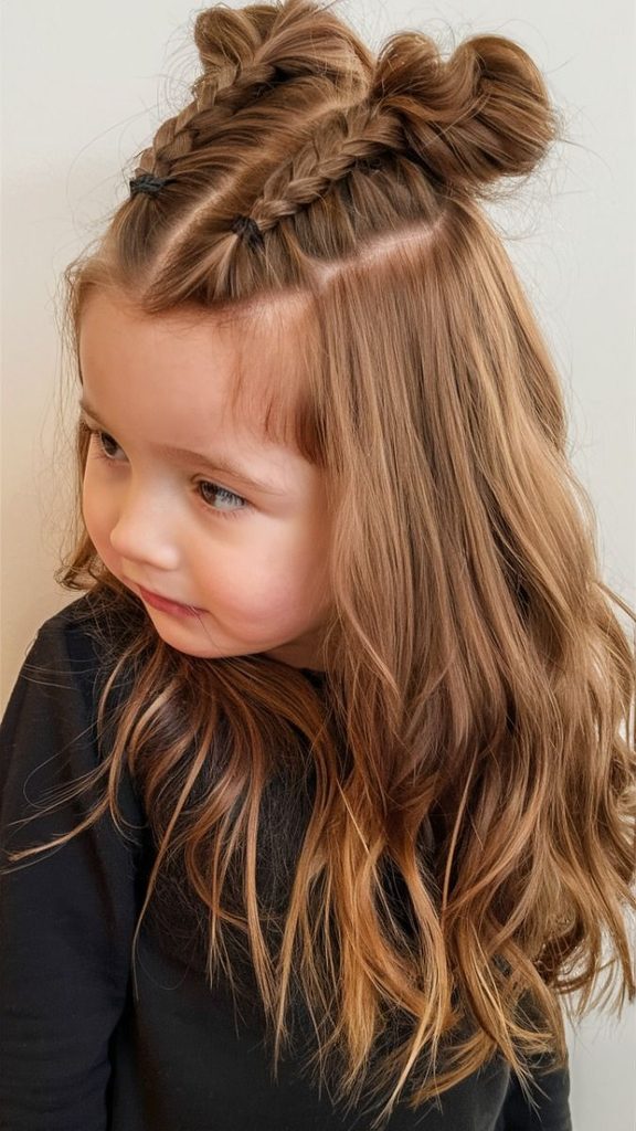 Girl with a half-up hairstyle featuring braided sections gathered into two small buns