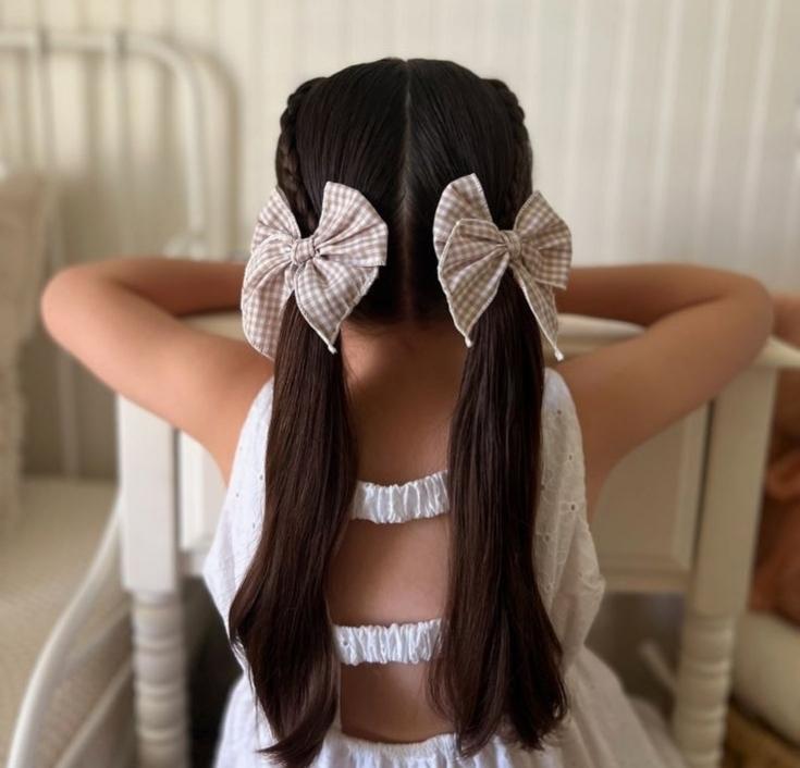 Young girl with double low pigtails and gingham bows, small braids leading into each side, shown from behind