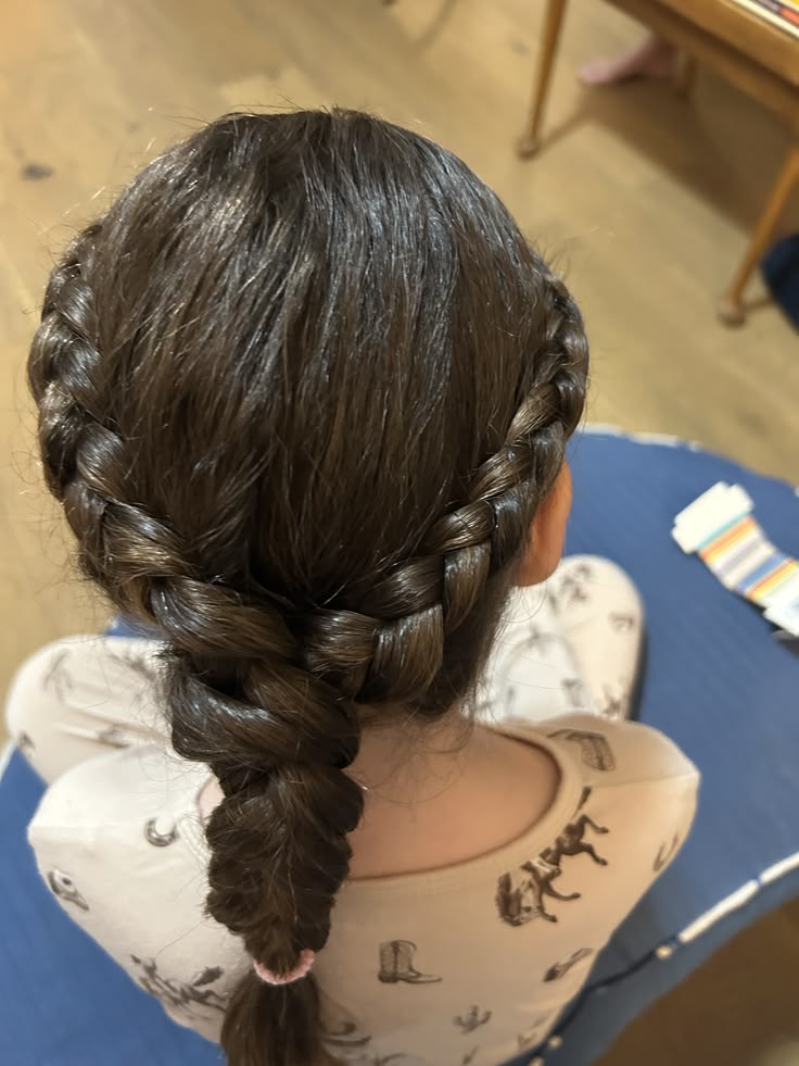 Close-up of a child's fine, straight hair styled into a dutch braid.
