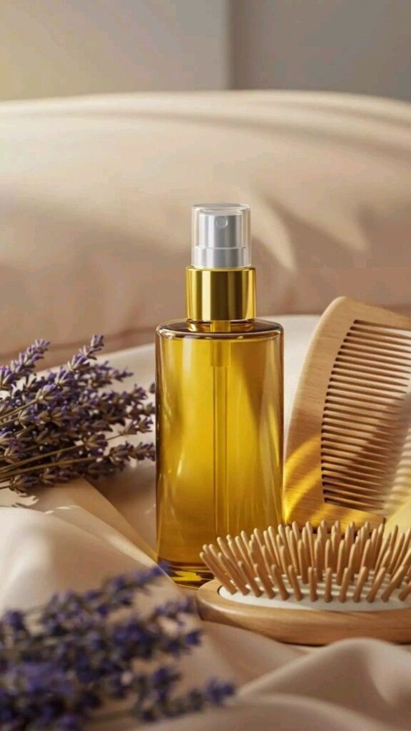 Bottle of hair oil with a comb, brush, and lavender sprigs