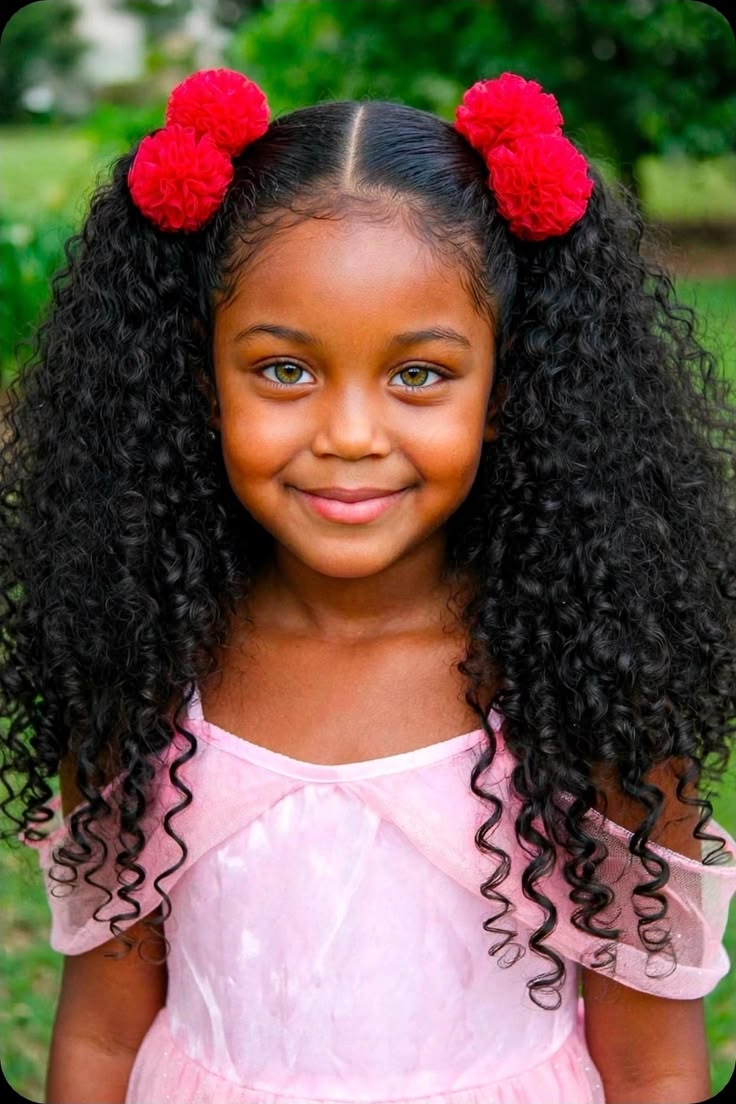 Girl with high curly pigtails and red pom accessories