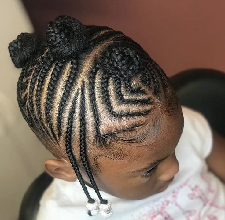Child with cornrows leading into a row of bantu knots and a beaded braid