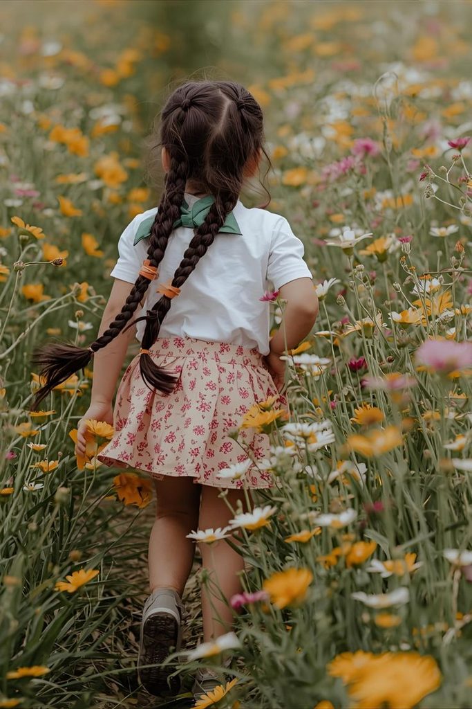 Child with braided pigtails walking through a spring wildflower field