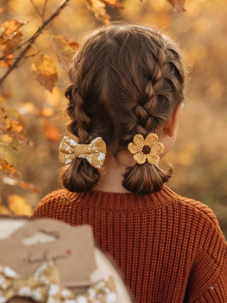 Child with braided pigtails and mustard bows in an autumn setting