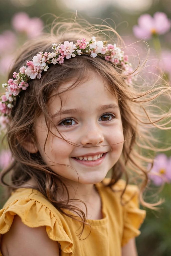 Young girl with short wavy hair wearing a pink and white flower crown, smiling outdoors for a graduation-style photo