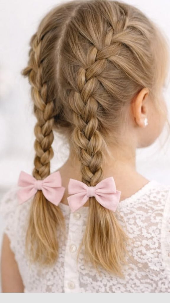 Girl with French braid pigtails tied with pink bows.