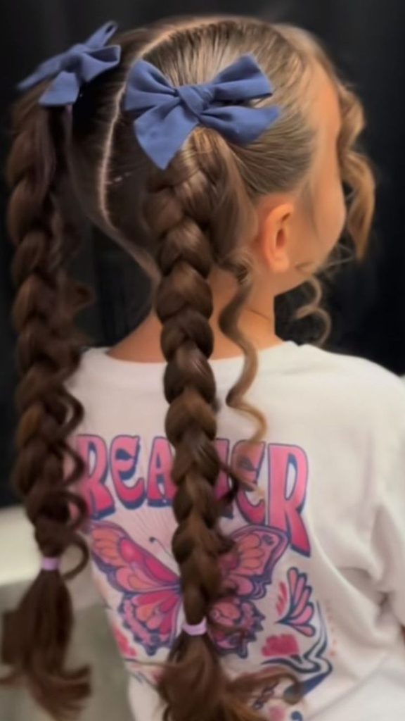 Overhead view of a girl with sectioned space buns accented with star clips