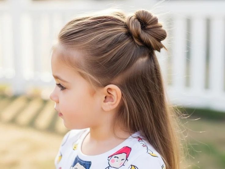 Girl with a knotted half-up bun and hair left down.