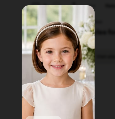 Young girl with a smooth short bob wearing a pearl headband, dressed for a graduation or formal event