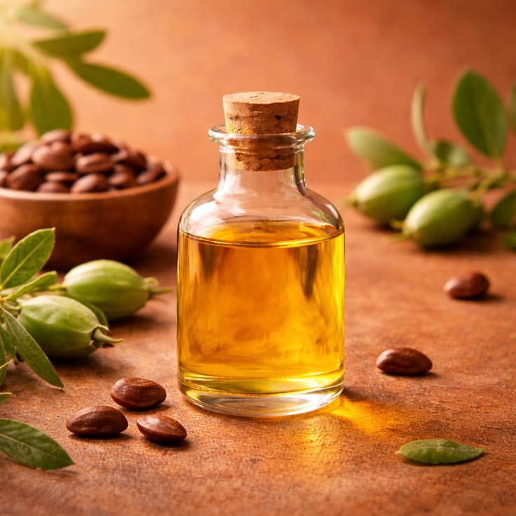 Glass bottle of jojoba oil with jojoba seeds and pods