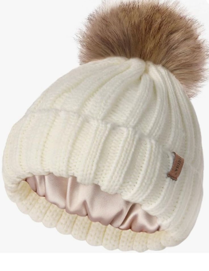 Satin-lined winter beanie with pom-pom